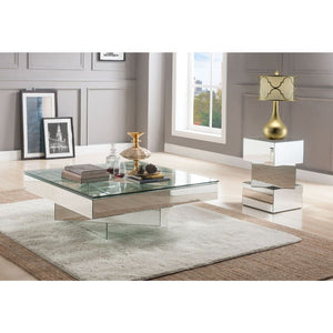  Square Coffee Table NO Storage CONSTRUCTION Glass Top: 4mm Clear Tempered Glass (Fixed Top) Mirrored Apron & Pedestal Base<br/><br/><b>Product Features</b><ul><li>Occasional Table</li><li>NO Storage</li><li>Glass Top: 4mm Clear Tempered Glass</