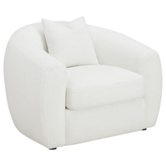 Elevate your modern living room with this cheerful, contemporary natural lounge chair, upholstered in a white teddy boucle fabric across its elegantly curved silhouette and sloped armrests. A single accent pillow in a matching boucle rests against the ben