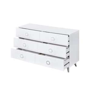  and functional are what best describe the Perse collection. The crisp white finish gives off the illusion of a bigger room. The low-profile panel bed features a storage headboard to display various goods. The case goods offer plenty of stor