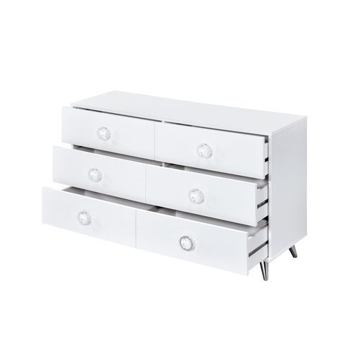  and functional are what best describe the Perse collection. The crisp white finish gives off the illusion of a bigger room. The low-profile panel bed features a storage headboard to display various goods. The case goods offer plenty of stor