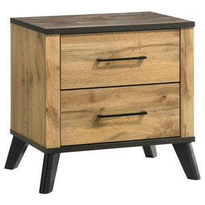 Complete your bedroom ensemble with this stylish nightstand, perfectly blending mid-century modern design with a rustic touch. The weathered brown and natural pine finish, accented by matte black finished metal pull handles, adds sophistication and charm.