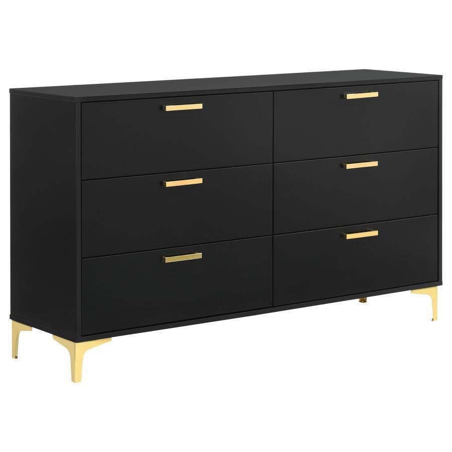 Space-saving and elegantly understated, this modern glam dresser offers plenty of space to store all wardrobe items. A boxy frame with a smooth black finish presents a bold, handsome look and creates a striking focal wall. Six spacious drawers make room f