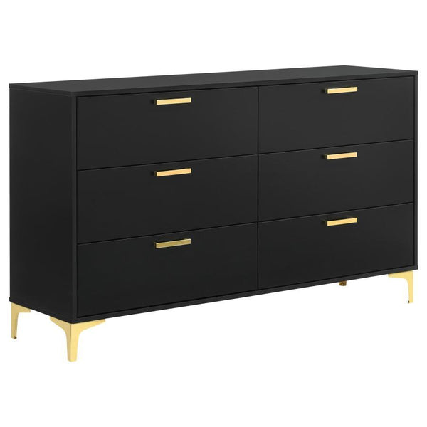 Space-saving and elegantly understated, this modern glam dresser offers plenty of space to store all wardrobe items. A boxy frame with a smooth black finish presents a bold, handsome look and creates a striking focal wall. Six spacious drawers make room f
