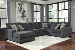 Talk about easy street. This effortlessly chic sectional puts you at the intersection of cool and comfortable. Ultra-deep seats are custom made for afternoon naps and movie night marathons. So plush to the touch, the sectionalâ€™s slate gray upholstery is