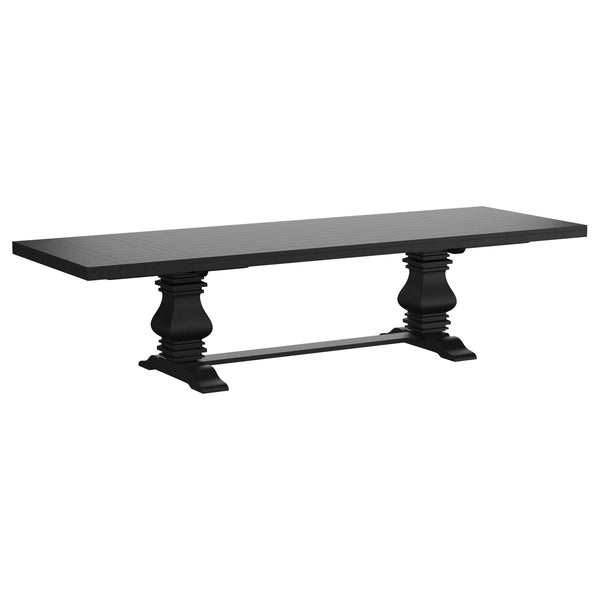 This rectangular extension dining table blends classic European elegance with artisan craftsmanship. Crafted from solid pine, it features a double pedestal trestle base that exudes romantic charm and timeless character. The sculpted pedestals, connected b