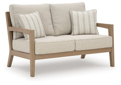 This loveseat is a beautiful addition to any outdoor living space. Effortless in its simplicity, this piece echoes your easygoing sensibilities. Combining durable, cutting-edge engineered materials, its Weatherwood construction enhances the contemporary d