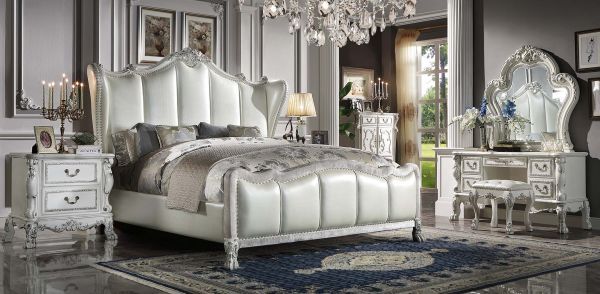 The Dresden II bedroom collection is exclusively designed and filled with romantic spirit. The pieces are crafted and inspired by the luxurious designs of the past, the gorgeous bed features a stunning champagne PU wingback headboard, and a nailhead trim 