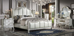 The Dresden II bedroom collection is exclusively designed and filled with romantic spirit. The pieces are crafted and inspired by the luxurious designs of the past, the gorgeous bed features a stunning champagne PU wingback headboard, and a nailhead trim 