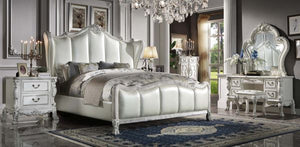 The Dresden II bedroom collection is exclusively designed and filled with romantic spirit. The pieces are crafted and inspired by the luxurious designs of the past, the gorgeous bed features a stunning champagne PU wingback headboard, and a nailhead trim 