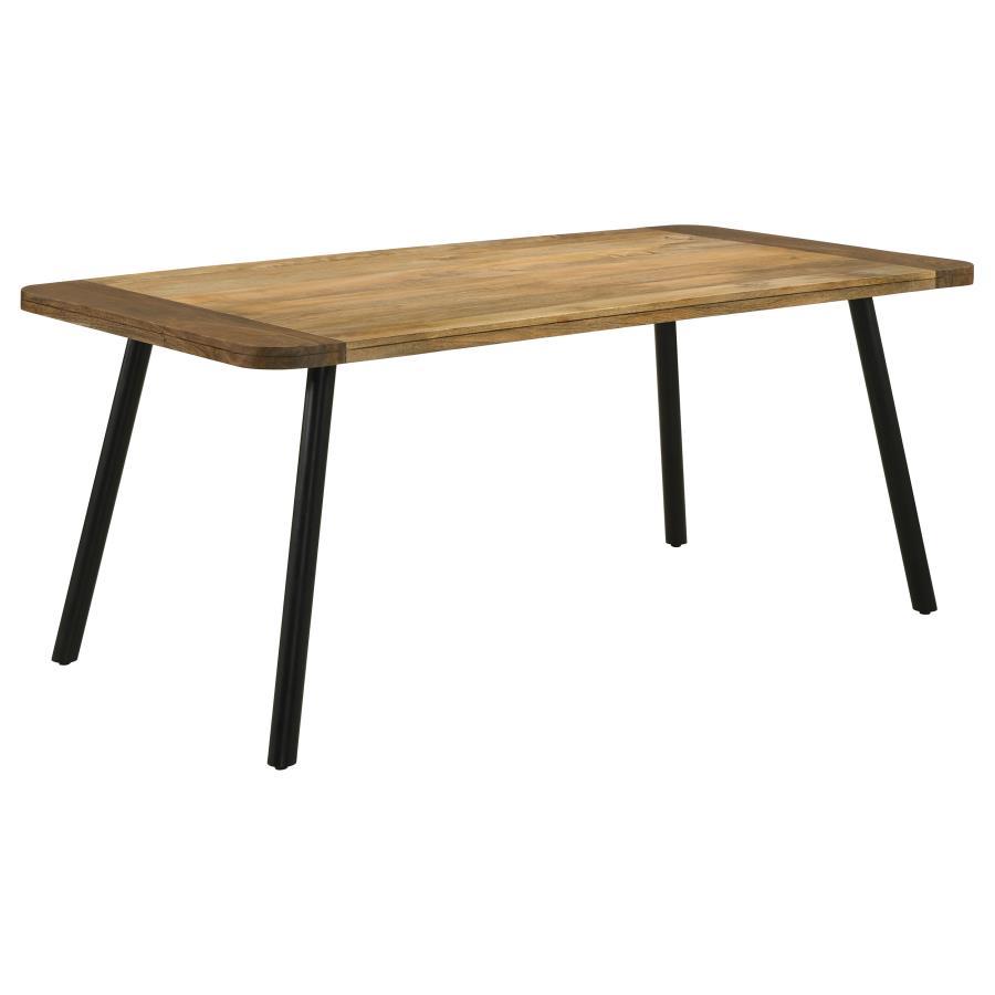Add a touch of rustic charm to your dining space with our eco-friendly dining table. Crafted from mango and sheesham wood, this table features a unique mixed-material top and sleek black iron tapered legs for a mid-century modern twist. Embrace the perfec