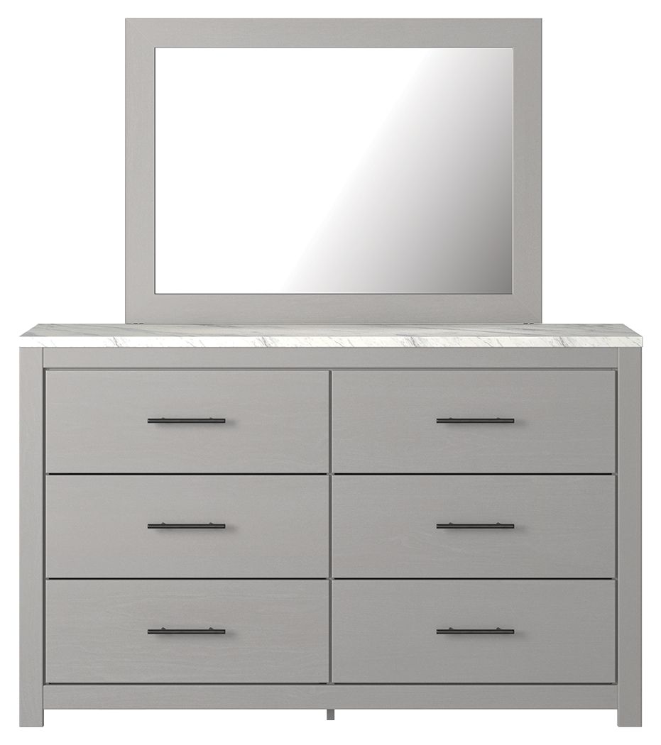 Cool, clean and casually modern. This dresser and mirrorâ€™s wispy dove gray finish and faux Calcutta marble top set the tone for your calming sanctuary. Large linear pulls add dimension and authenticity. Six smooth-gliding drawers neatly accommodate your