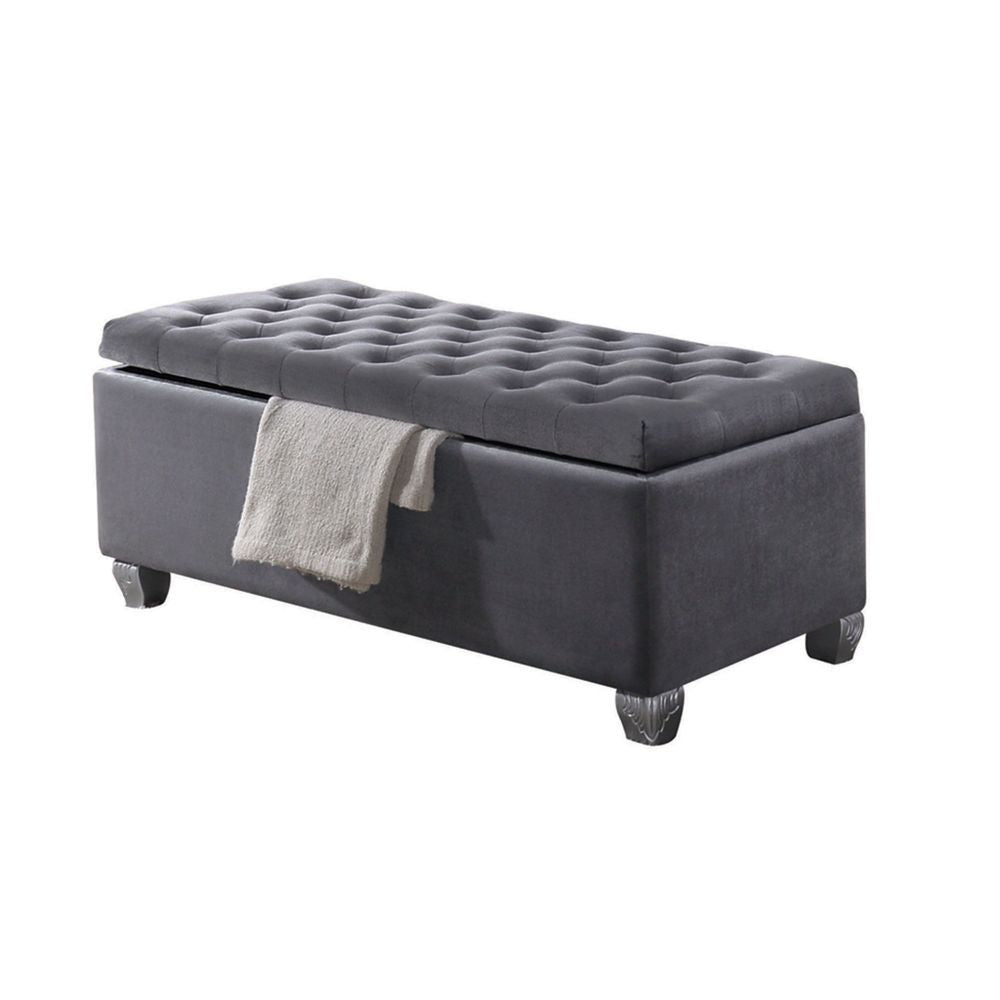 KD Leg, Rectangular Armless Storage Bench (Backless) Fully Padded: Velvet Fabri Button Tufted: SEAT/LID Cushion Wood Leg: Rbw<br/><br/><b>Product Features</b><ul><li>Rectangular Armless Storage Bench (Backless)</li><li>Button Tufted (Bed & Bench Seat)</li