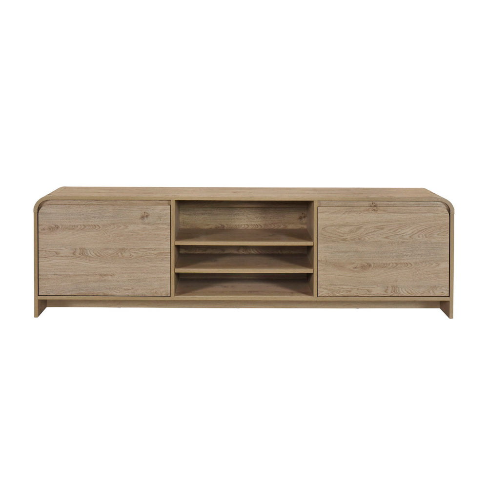 Introducing the Mara 70" TV Console, a fusion of eco-friendly construction and modern functionality. Crafted from durable manufactured wood and adorned with environmentally friendly laminate, this console boasts both durability and sustainability. With it