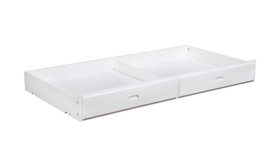 The ultimate space saver, this universal storage trundle easily converts between a storage drawer and trundle bed. Crafted of solid pine, this piece includes six-piece slats and plywood boards. Sleek and smooth, the flat fronts feature smooth built-in han