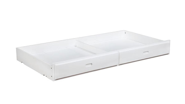 The ultimate space saver, this universal storage trundle easily converts between a storage drawer and trundle bed. Crafted of solid pine, this piece includes six-piece slats and plywood boards. Sleek and smooth, the flat fronts feature smooth built-in han