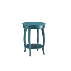 This Alberta side table will be your favorite accent piece with its round top form and stylized legs. Offered in four different colors: Antique White, walnut, red, and teal. One is sure to fit perfect with your style.<br/><br/><b>Product Features</b><ul><