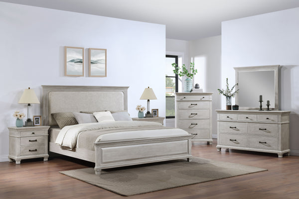 The Silver Sands 6 Piece Wood Bedroom Set in Gray is designed to combine durability, style, and functionality, making it a perfect addition to any bedroom. This set includes a an upholstered panel bed, a dresser, a mirror, two nightstands, and a chest, pr
