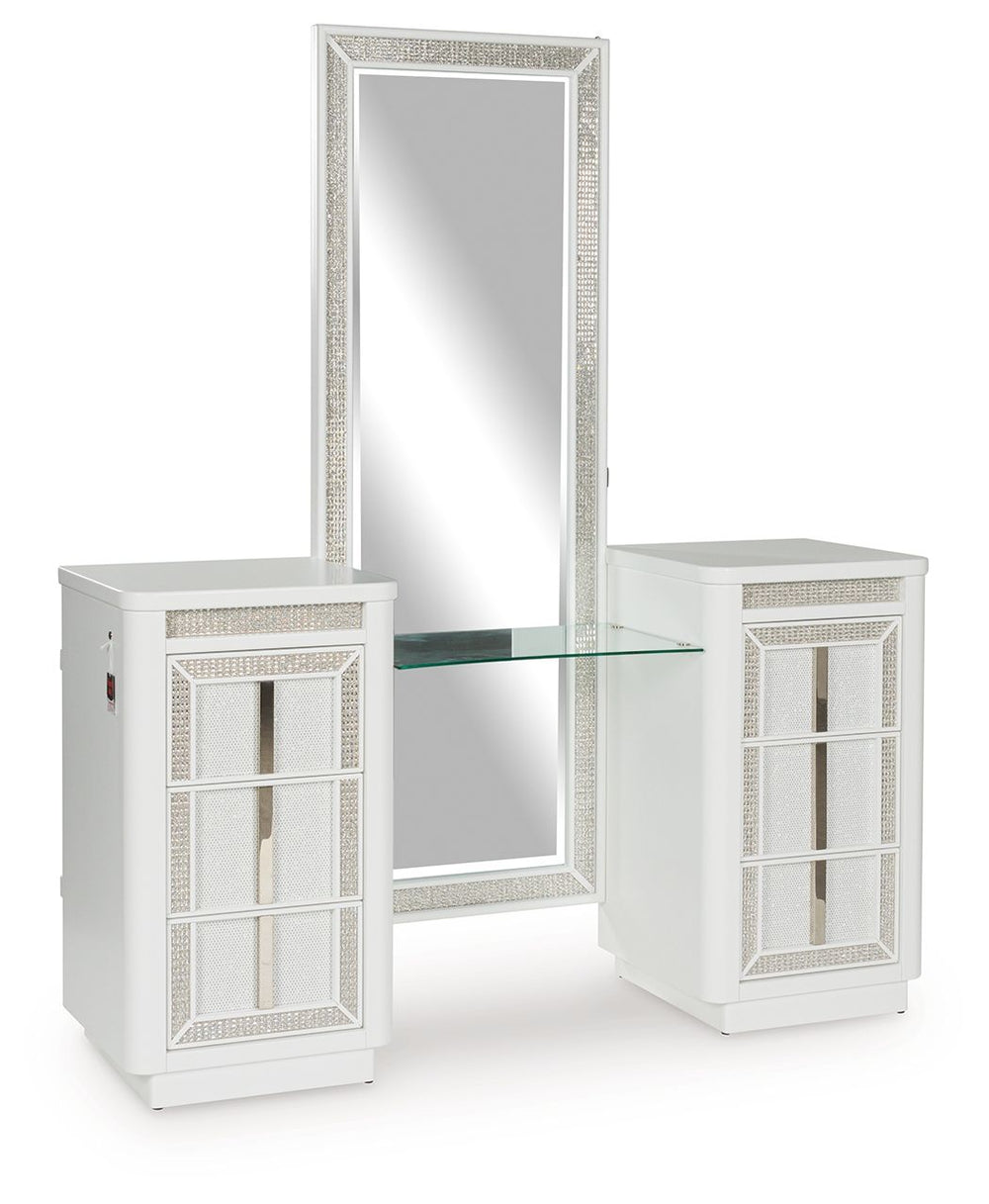 Transform your bedroom with this chic vanity and mirror. Its modern design and glamorous details create a sophisticated retreat. The built-in LED lighting and rhinestone-framed drawers and mirror add style and practical storage while reflecting elegance. 