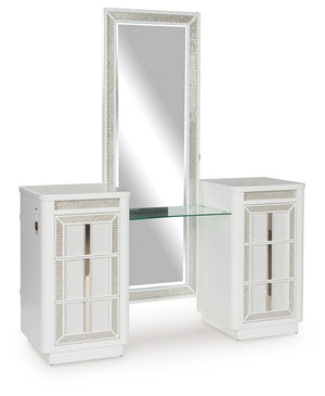Transform your bedroom with this chic vanity and mirror. Its modern design and glamorous details create a sophisticated retreat. The built-in LED lighting and rhinestone-framed drawers and mirror add style and practical storage while reflecting elegance. 