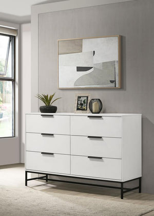 contemporary appeal to a modern six-drawer dresser. Perfect for a refined or casual bedroom space