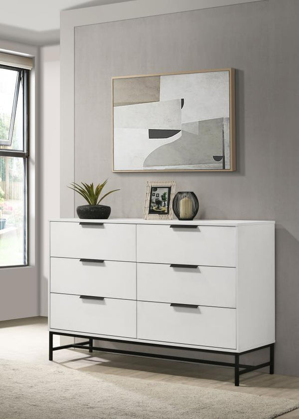  contemporary appeal to a modern six-drawer dresser. Perfect for a refined or casual bedroom space