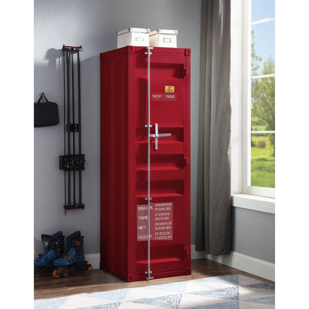 KD, Rectangular Wardrobe Storage: 1 Metal Door (Inside: 2 Compartments w/1 Metal Shelves), Top w/Hanging Clothes Rod Features: Metal Frame, Recessed Panels (Cargo Container Panels), Full-Length Container Lock (NO LEGS) CONSTRUCTION Metal Case: Iron Plate 