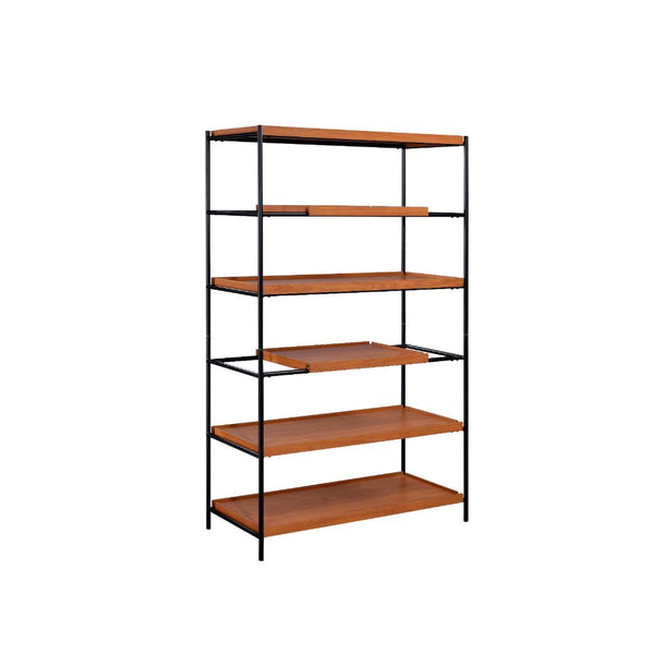 KD, Rectangular Bookshelf (Etagere Style) â€¢ Storage: 5 Open Compartment (5 Wooden Shelves, Fixed) â€¢ Orientation: Freestanding (Wall Tall) â€¢ Wooden Shelves: Honey Oak â€¢ Metal Frame: Black Finish (Back Open) â€¢â€¢ CONSTRUCTION] Wooden Shelves: Pape