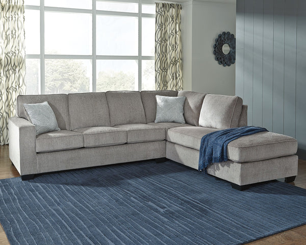 If style is the question, then this sectional is the answer. Sporting clean lines and sleek track arms, the decidedly contemporary profile is enhanced with plump cushioning and a chenille-feel upholstery, so pleasing to the touch. Sure to play well with s