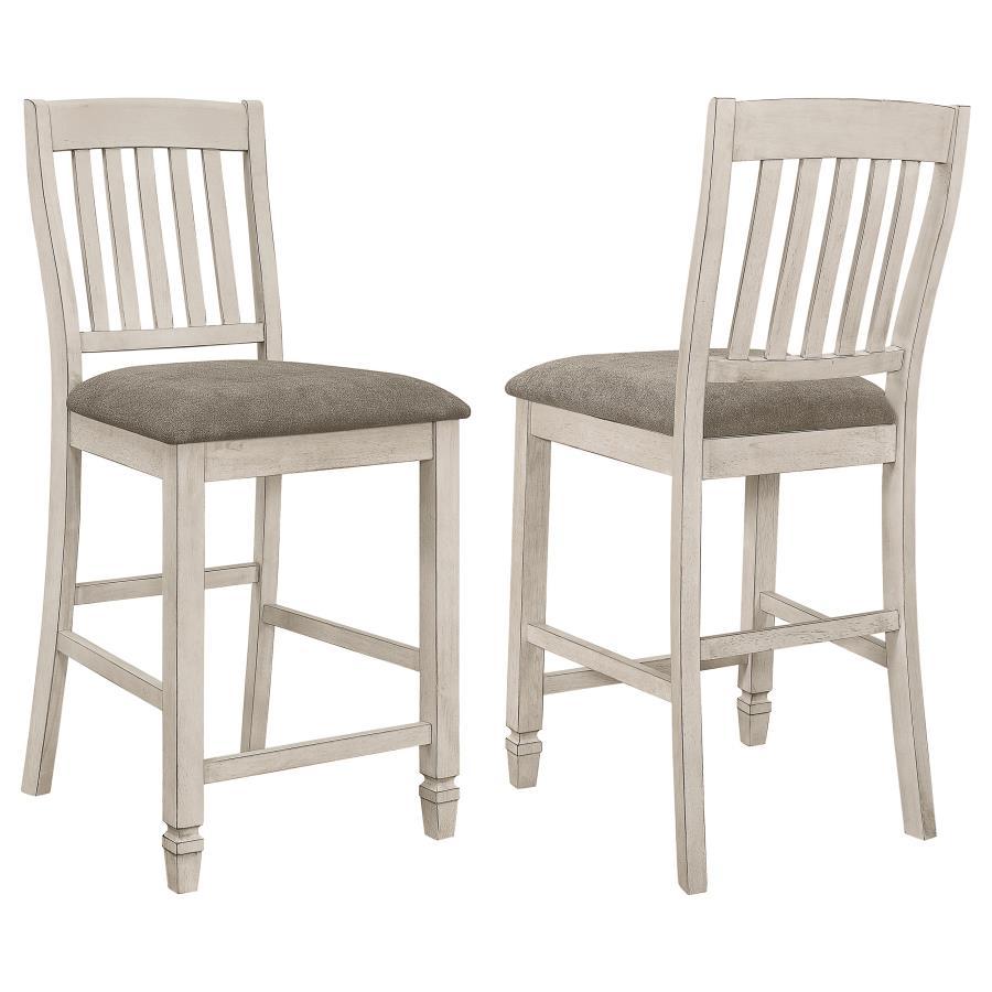 Give your dining space a charming, farmhouse inspired update. This wooden, counter height stool blends a rustic cream finish with a soft, upholstered seat to create a truly inviting design. Thick, plush padding makes it ultra-cozy and comfortable. A slat 