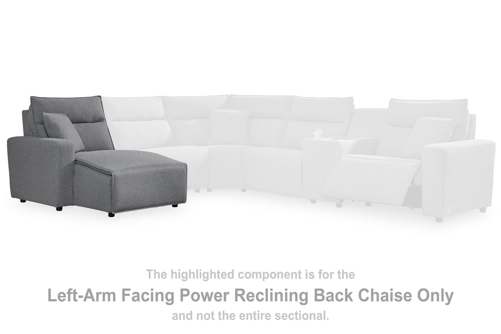 This left-arm facing power reclining back chaise is made with Next-Gen Nuvellaâ„¢ fade-resistant, washable fabric. Pairs with other items in the series to make a modular sectional.<br><br><b>Additional Dimensions</b><br><ul><li>Arm height: 26-"</li><li>Se