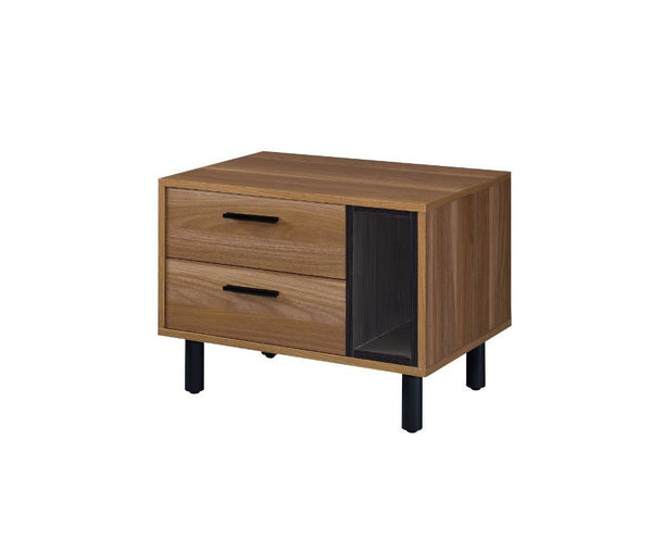 Minimalist wooden frame with some metal accents brings a soft industrial vibe that makes your decor feel breezy and fresh. The accent table is finished in a brown oak for a warm wood tone, sitting atop black metal legs which employ a sense of industrial r