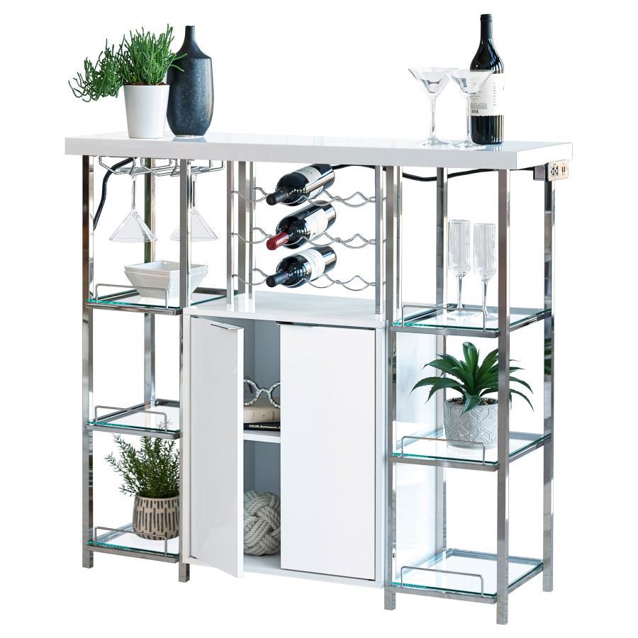 Cool and contemporary, this white bar cabinet exudes modern elegance. Crafted with sleek, shining lines of metal electroplated in chrome, it has a posh, polished look that will make your decor pop. Six tempered glass shelves and a stemware rack provide am
