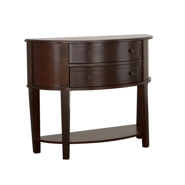 This demilune console table features a classic half-moon shape with functional storage and timeless design. Constructed from poplar, engineered wood, and birch veneer, itâ€™s finished in a rich cappuccino tone for a warm, elegant presence. Two drawers off