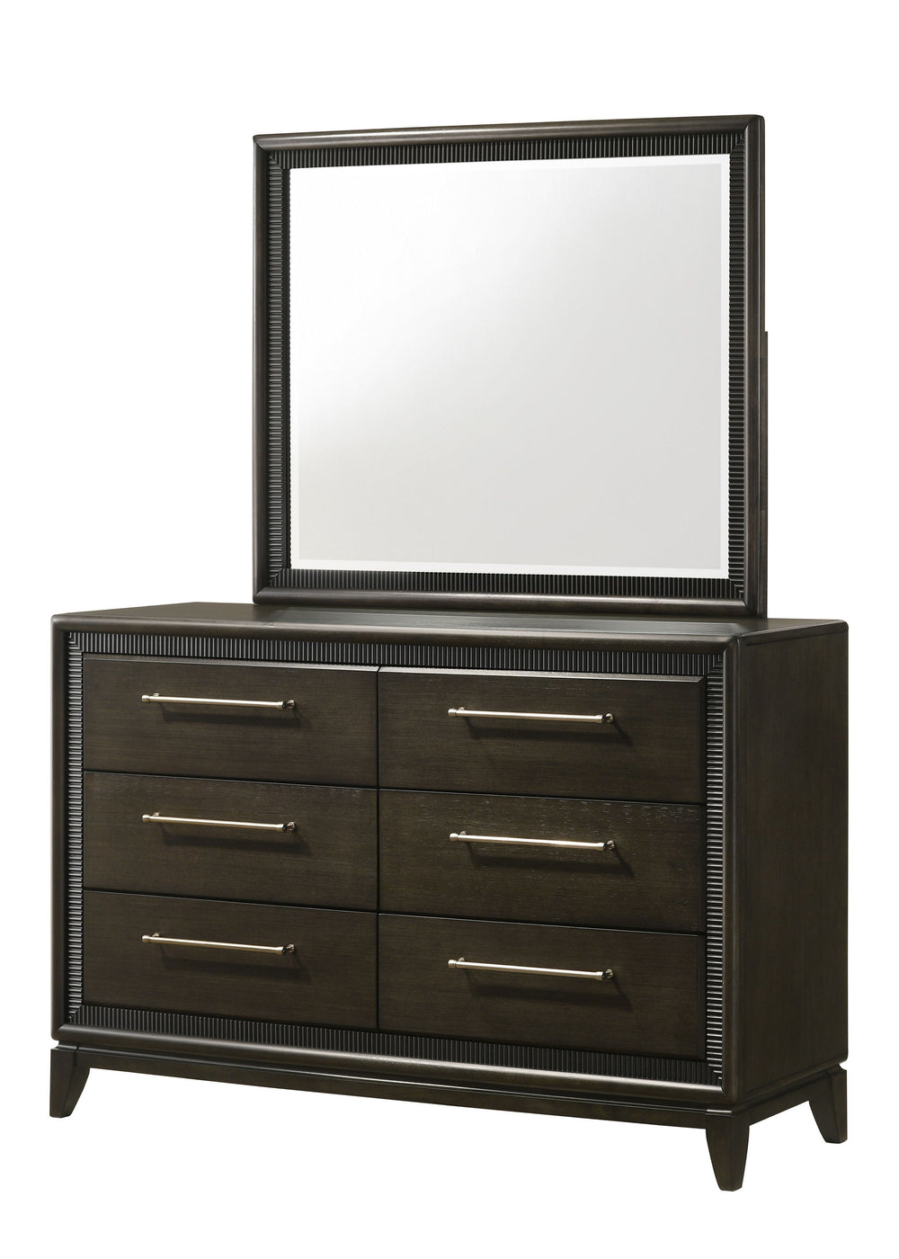 This contemporary bedroom set boasts a sophisticated aesthetic, characterized by its deep espresso finish that speaks to modern tastes. The clean-lined bed features an elegantly tufted headboard, offering both comfort and style, and is complemented by str