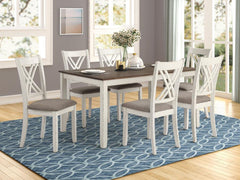 Complete your modern farmhouse dining room with this seven-piece dining set. Complete with one dining table and six side chairs, it offers a matching vintage white finish that lends a country charm. The spacious, rectangular dining table also features a c