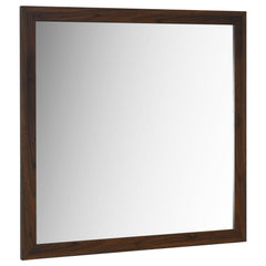 Accentuate your dresser top with a modern frame mirror that adds lightness and reflectivity. A walnut wood grain finish is rich and deep, offering sophisticated style to the matching dresser. Flat glass is fresh and contemporary, perfect for a refined bed