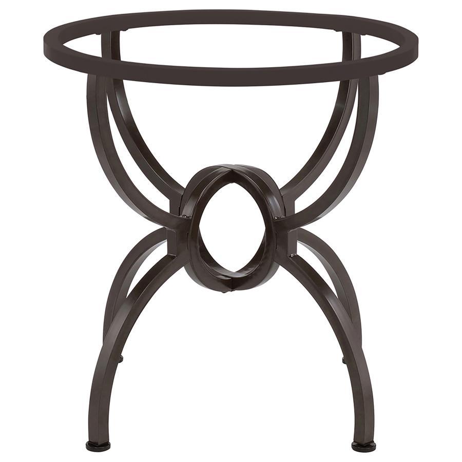 Curves abound on this intriguing transitional glass dining table. Featuring a casual and inviting aura, the table boasts a round of clear glass resting on a bold base. The base shows off metal construction with four stylized M legs that meet in an interlo
