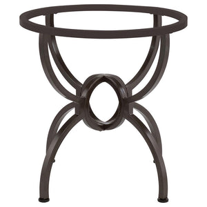  the table boasts a round of clear glass resting on a bold base. The base shows off metal construction with four stylized M legs that meet in an interlo