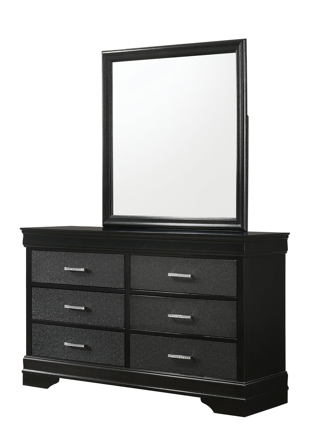 This bedroom set embodies a refined elegance with its rich black hue and luxurious textures, perfect for creating a serene and sophisticated sanctuary. The centerpiece is a sumptuous bed framed by a headboard with diamond-tufted detailing, offering a touc