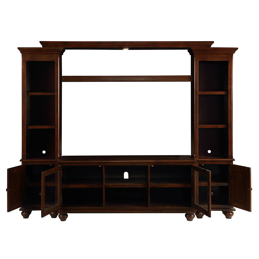 The Dita collection transitional style will blend masterfully in your living room area. This set features a shelf bridge with light function, and its two side piers offer plenty of space to keep entertainment components or your favorite decorative accesso