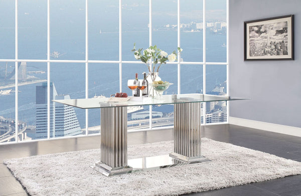 Add a modern touch to your dining room with the Cyrene dining room collection. With a pair of stunning mirrored pillars serving as the table-'s base, this beautiful rectangular pedestal table doubles as a piece of art for your dining room. Its spacious gl
