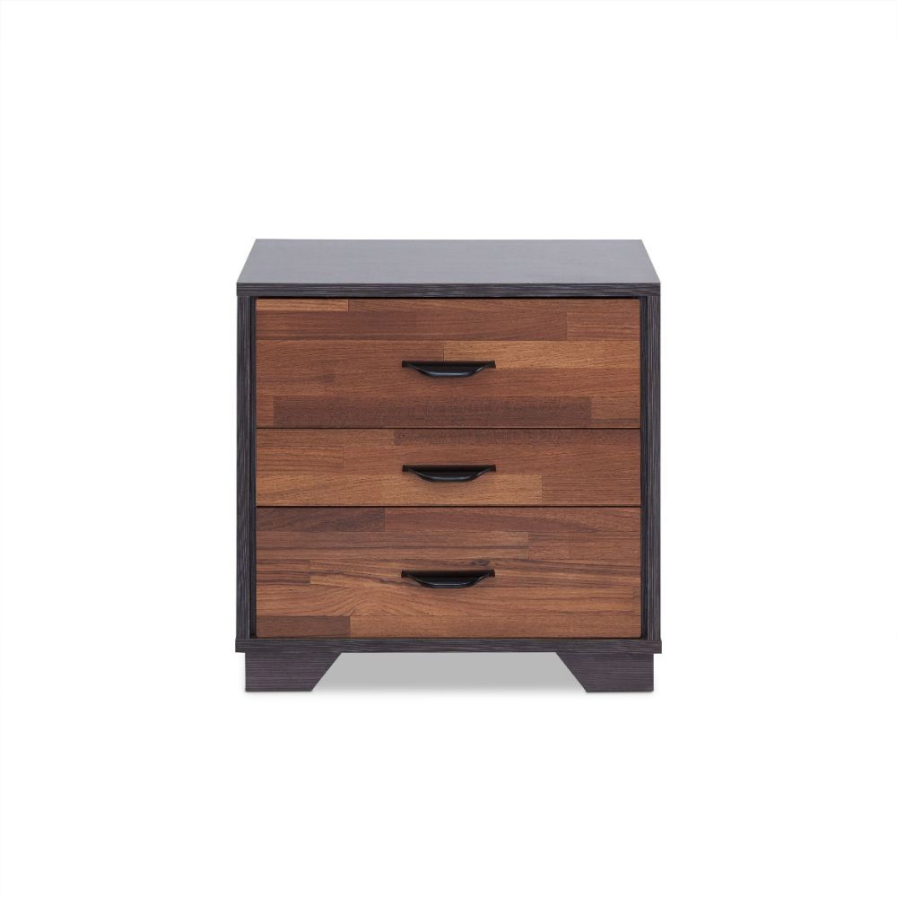 Modern and functional, the Eloy nightstand with easy metal glider runner will be a great addition to your bedroom or living room. Using a combination of walnut and espresso, this space-saving nightstand gives you three full-size drawers, each perfect for 
