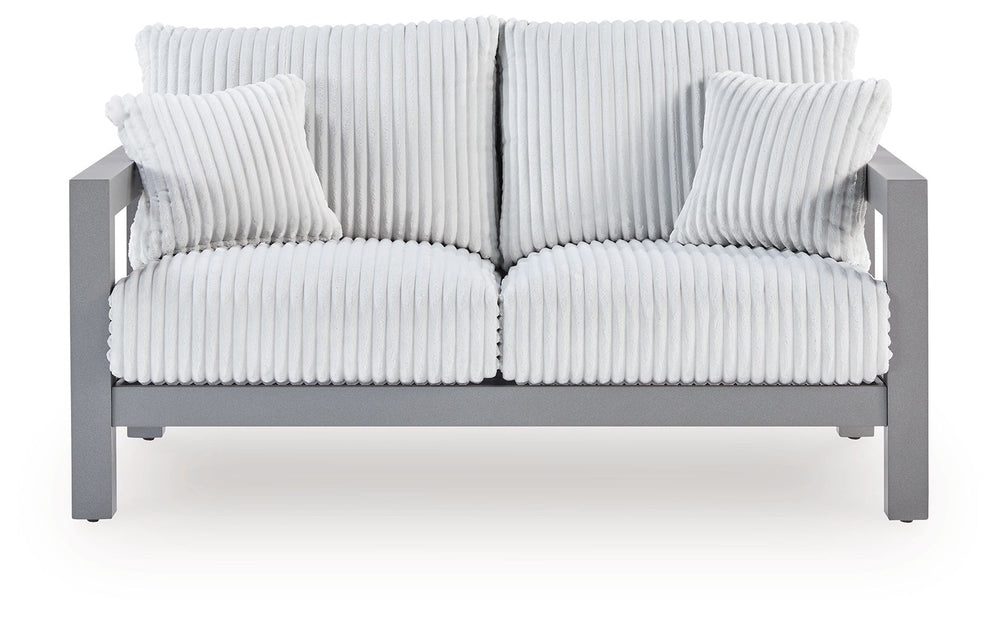 Indulge in luxe outside living without sacrificing longevity. This outdoor loveseat combines on-trend texture with a sleek aluminum frame. Lounge poolside or on the porchâ€”the comfy cushions are a chic spot for you and a partner to soak up the sun. And w