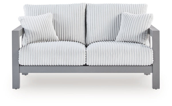 Indulge in luxe outside living without sacrificing longevity. This outdoor loveseat combines on-trend texture with a sleek aluminum frame. Lounge poolside or on the porchâ€”the comfy cushions are a chic spot for you and a partner to soak up the sun. And w