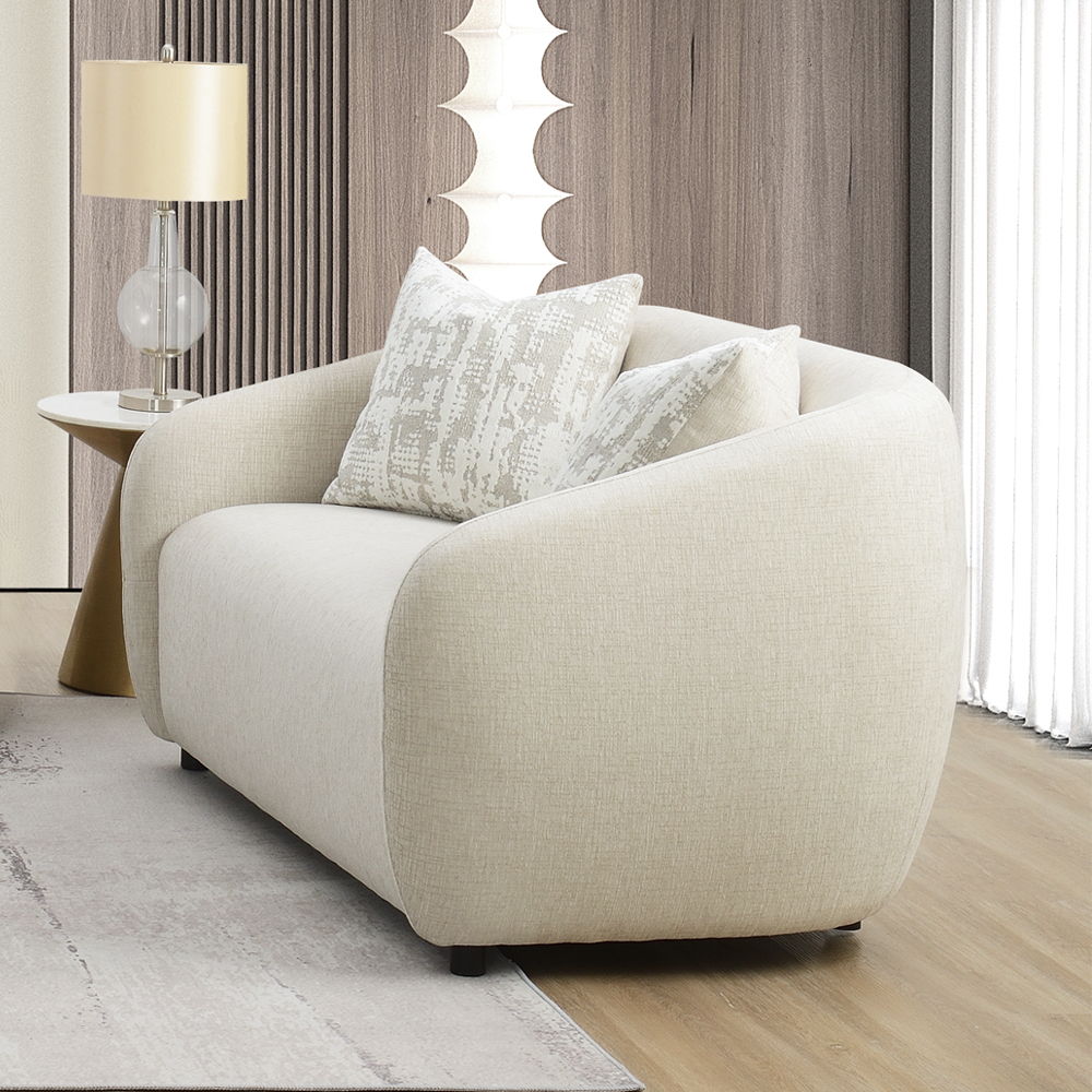 This Etienne collection sofa, available in beige and gray linen, combines modern elegance with comfort. Features include KD legs, tight back and seat cushions, full foam seat construction, and a sturdy wooden inner frame. Accent pillows are included to en