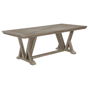 Infused with stylish character, this modern farmhouse dining table is a striking centerpiece. Perfect for the family or entertaining friends, it-'s a rectangular silhouette complete with a trestle base design that adds artistic flair. The table is beautif