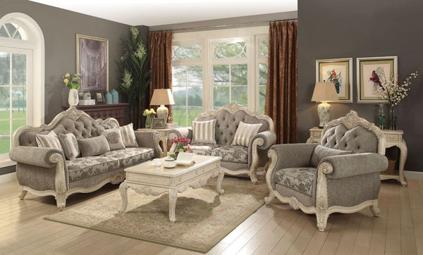 The Ragenardus collection harmonizes traditional details with functional design to accommodate today-'s styles. This sofa set features tight seat and back cushion, crown and raised scrollwork ornamental trim and button tufted backrest. Accent pillows are 
