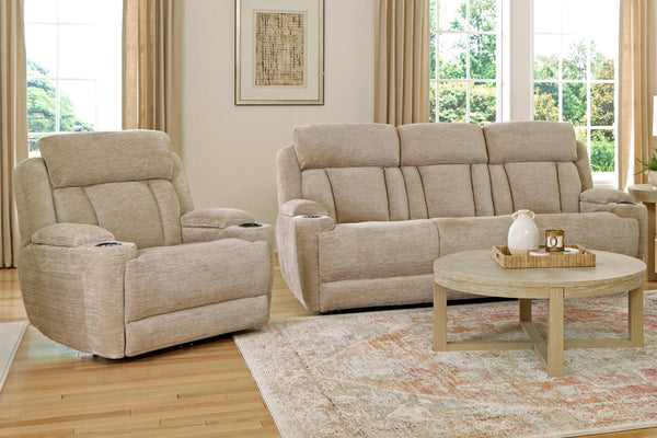 Comfort meets innovation in this inspired Power Sofa, Loveseat & Recliner. The perfect choice for creating a relaxing environment, this stylish model features a smooth motorized reclining motion at just the touch of a button. Integrated beverage holders i