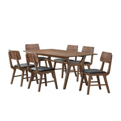 Crafted with meticulous attention to detail, the Thea 7 Piece Wood Dining Set is a cornerstone of both functionality and style for any dining area. This set includes a 70" dining table and six chairs, each made from solid rubberwood with walnut veneers, e
