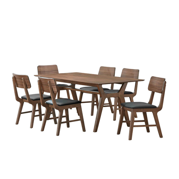 Crafted with meticulous attention to detail, the Thea 7 Piece Wood Dining Set is a cornerstone of both functionality and style for any dining area. This set includes a 70" dining table and six chairs, each made from solid rubberwood with walnut veneers, e